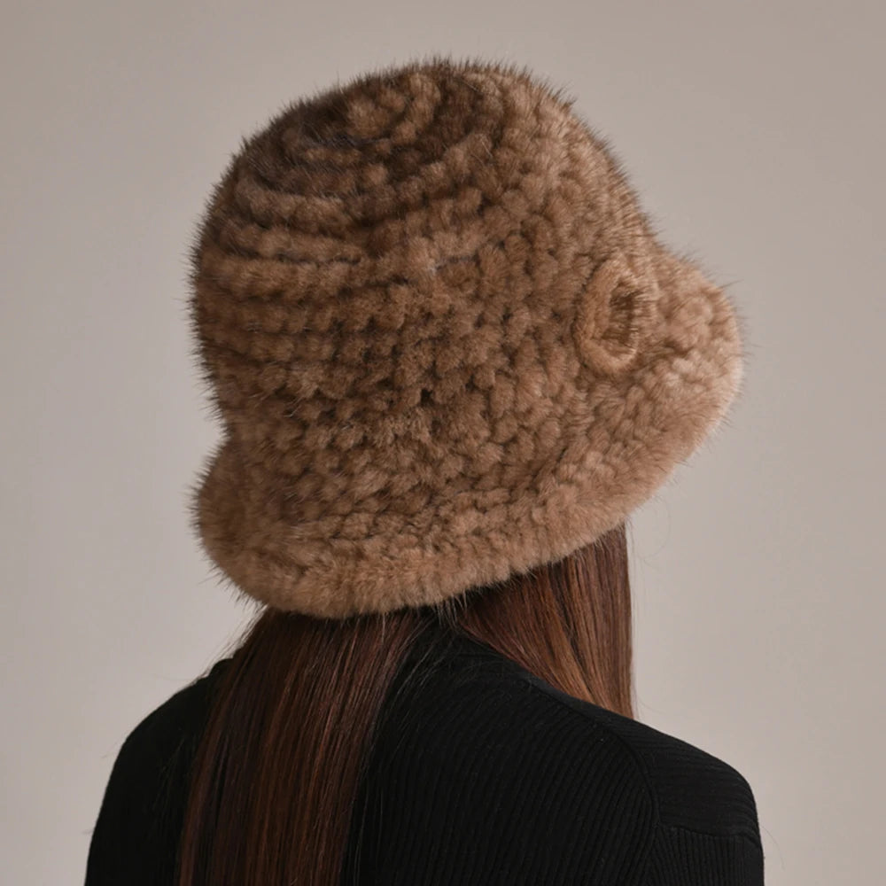 Woman Hat Winter Solid Mink Caps With Flower Natural Mink Fur Hats New Russian Girl Soft Knitting Real Fur Bucket Hats 2026 Warm